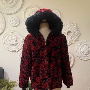 Floral Red and Black Hooded Jacket